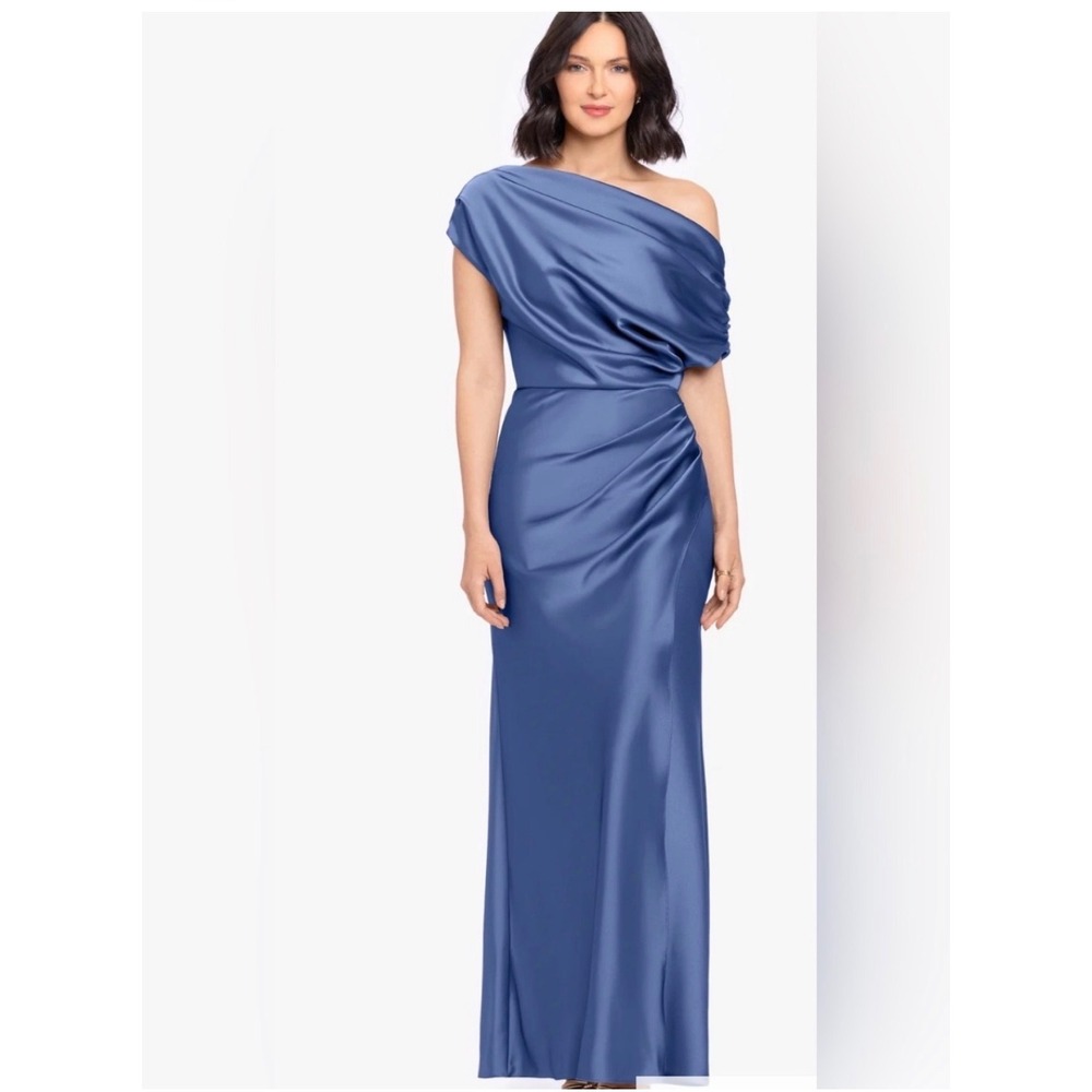 Betsy & Adam Slate Blue Satin One Shoulder Draped Evening Gown A28118 Size 6